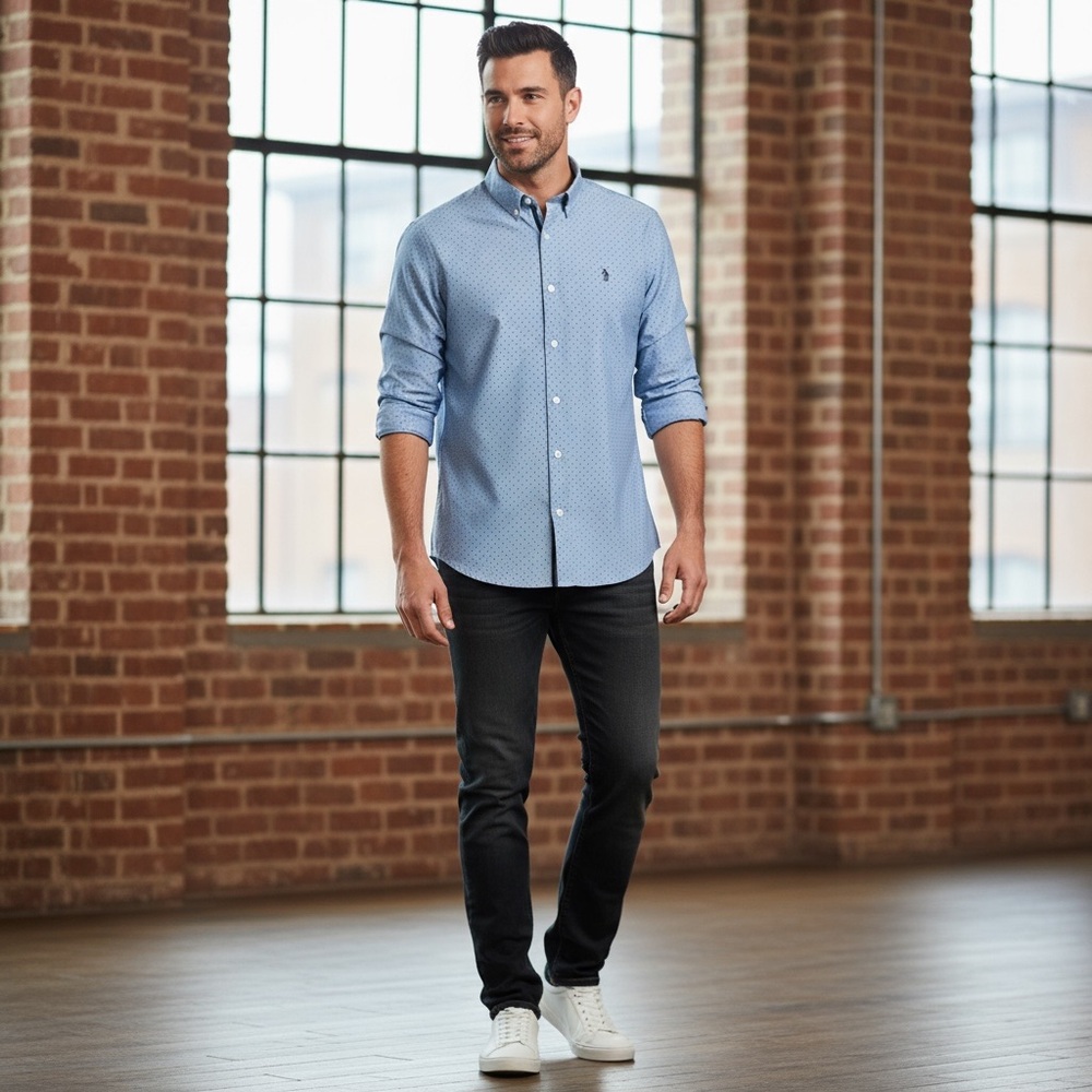Original Penguin by Munsingwear Gray w/navy Polka Dot Button Down Men’s Shirt M